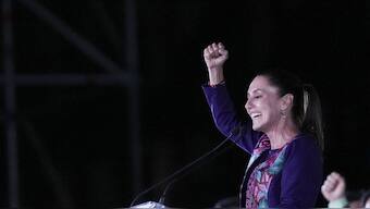 President-elect Claudia Sheinbaum addresses supporters at the Zocalo, Mexico City's main square, after the National Electoral Institute announced she held an irreversible lead in the election on 3 June. AP