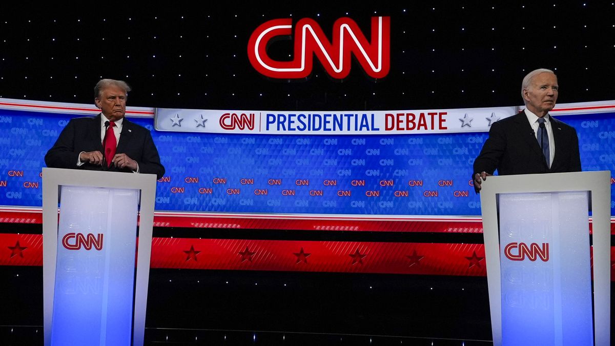 President Joe Biden, and Republican presidential candidate former President Donald Trump stand during break in a presidential debate hosted by CNN in Atlanta. AP President Joe Biden, and Republican presidential candidate former President Donald Trump stand during break in a presidential debate hosted by CNN in Atlanta. AP