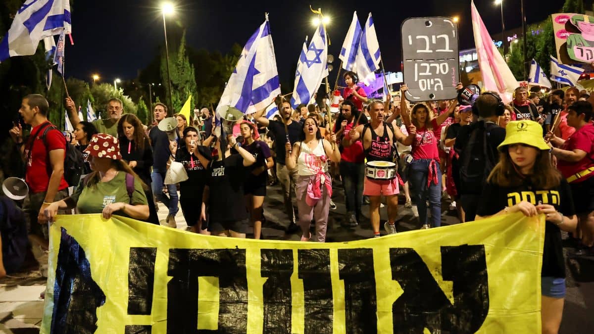 Protesters attend a demonstration against Israeli Prime Minister Benjamin Netanyahu's government, near the Knesset, the Israeli parliament, in Jerusalem, 17 June, 2024. Reuters