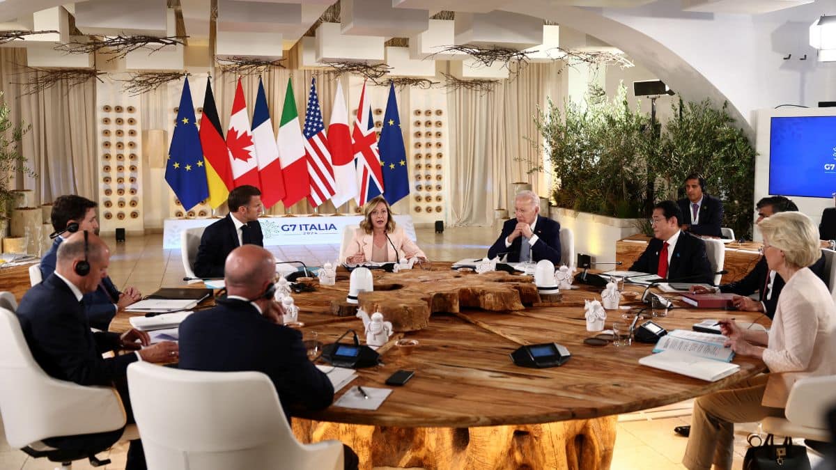 Italy's Prime Minister Giorgia Meloni, US President Joe Biden, French President Emmanuel Macron, Canada's Prime Minister Justin Trudeau, German Chancellor Olaf Scholz, Britain's Prime Minister Rishi Sunak, Japan's Prime Minister Fumio Kishida attend a session on Africa, climate change and development on the first day of the G7 summit at the Borgo Egnazia resort, in Savelletri, Italy, 13 June, 2024. Reuters