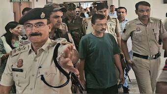 Delhi CM and AAP leader Arvind Kejriwal being produced before the Rouse Avenue Court in connection with a money laundering case related to the Delhi liquor policy, in New Delhi. The CBI arrested him from court and has sought his custody for five days. PTI
