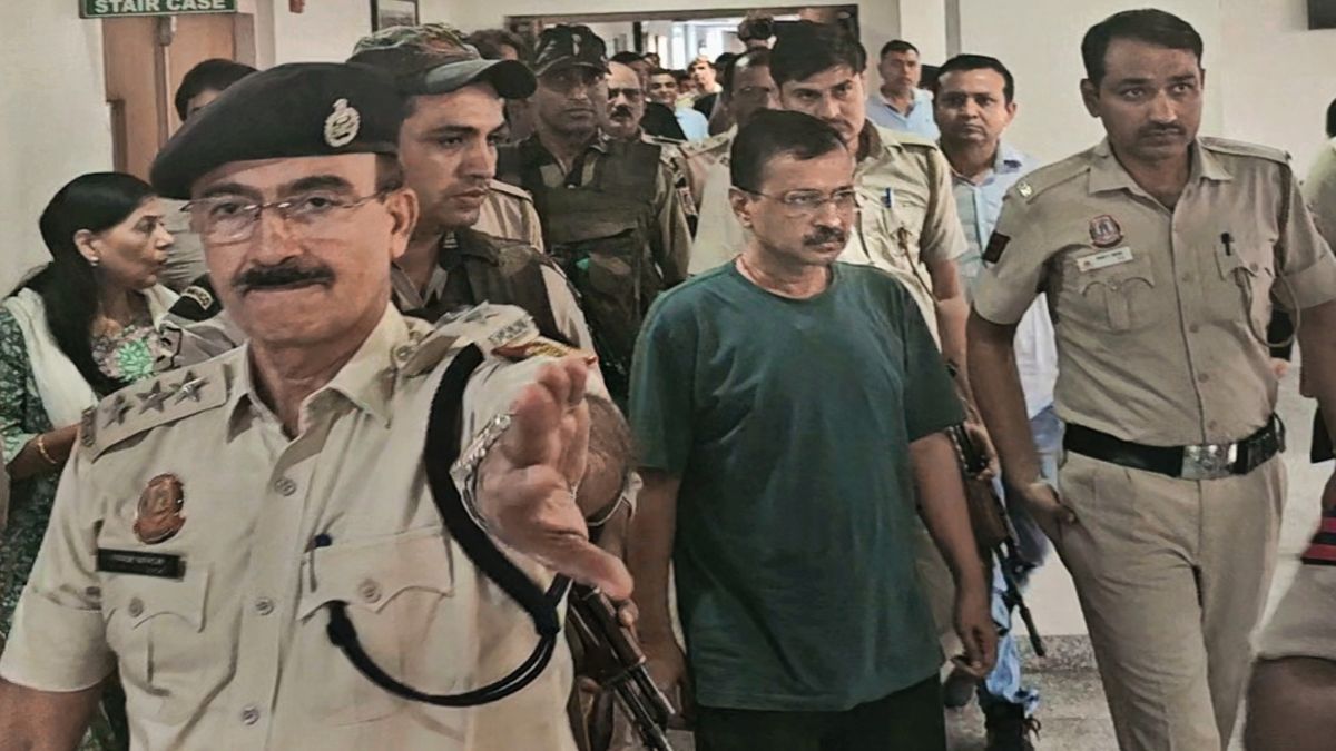 Delhi CM and AAP leader Arvind Kejriwal being produced before the Rouse Avenue Court in connection with a money laundering case related to the Delhi liquor policy, in New Delhi. The CBI arrested him from court and has sought his custody for five days. PTI Delhi CM and AAP leader Arvind Kejriwal being produced before the Rouse Avenue Court in connection with a money laundering case related to the Delhi liquor policy, in New Delhi. The CBI arrested him from court and has sought his custody for five days. PTI