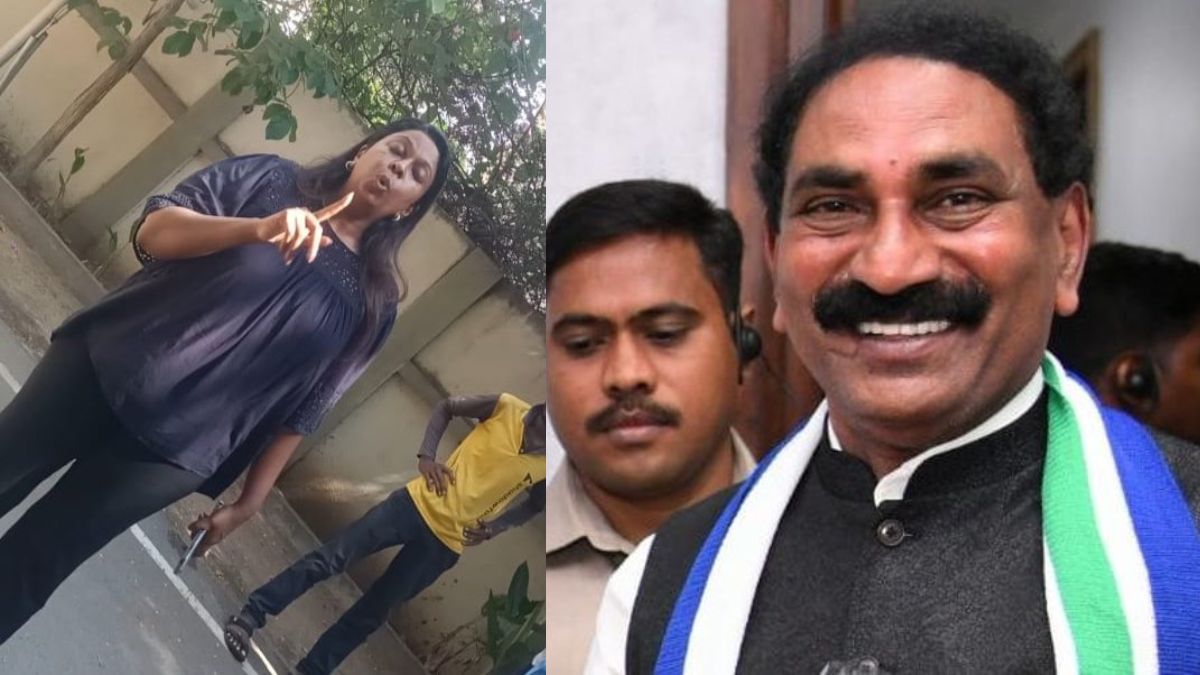 The image of Madhuri (left), which is doing the rounds on social media. She is the daughter of Andhra MP Beeda Masthan Rao (right). Image courtesy: X The image of Madhuri (left), which is doing the rounds on social media. She is the daughter of Andhra MP Beeda Masthan Rao (right). Image courtesy: X