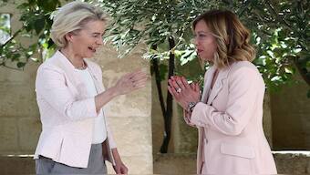 Italy's Giorgia Meloni welcomes European Commission president Ursula von der Leyen with a namaste on the first day of the G7 summit, at the Borgo Egnazia resort, in Savelletri, Italy. Reuters