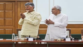 TDP chief N Chandrababu Naidu and JD(U) chief Nitish Kumar during National Democratic Alliance (NDA) meeting at 7, Lok Kalyan Marg, in New Delhi. PTI
