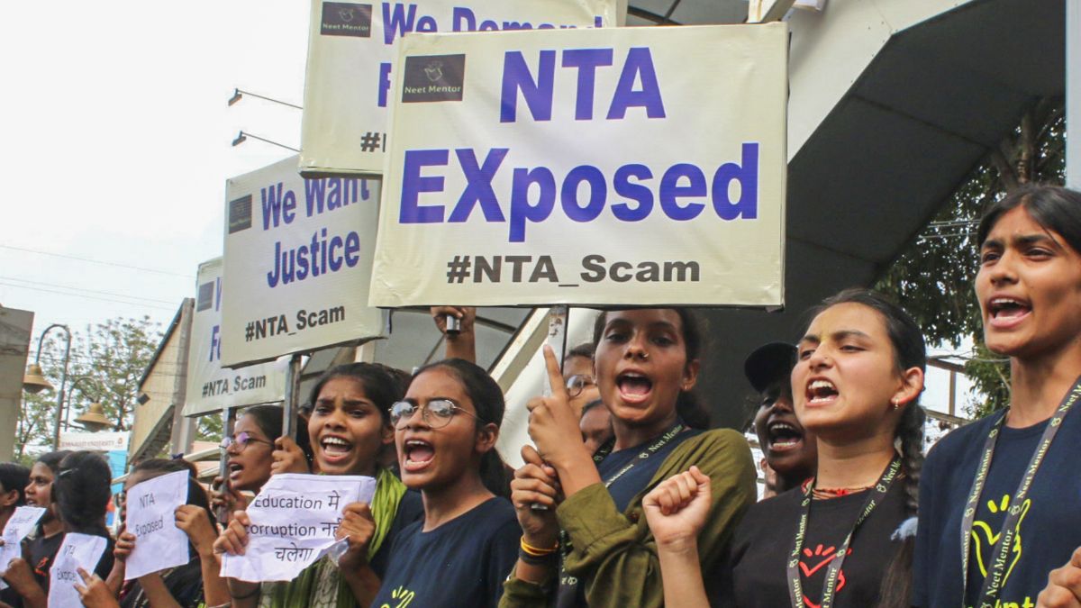 Students raise slogans during a protest over the alleged irregularities in NEET 2024 results, in Bhopal, Friday. PTI Students raise slogans during a protest over the alleged irregularities in NEET 2024 results, in Bhopal, Friday. PTI