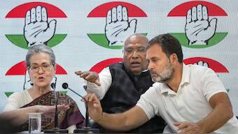 Congress president Mallikarjun Kharge and senior party leaders Sonia Gandhi and Rahul Gandhi at AICC headquarters, in New Delhi, on 21 March. The Congress is part of the INDI Alliance which has much reason to celebrate keeping in mind early trends. File photo/PTI