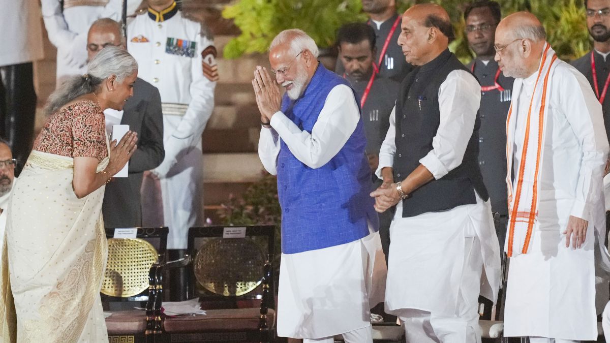 BJP's Nirmala Sitharaman greets PM Narendra Modi and party leaders Rajnath Singh and Amit Shah at the swearing-in ceremony of new Union government, at Rashtrapati Bhavan in New Delhi. PTI BJP's Nirmala Sitharaman greets PM Narendra Modi and party leaders Rajnath Singh and Amit Shah at the swearing-in ceremony of new Union government, at Rashtrapati Bhavan in New Delhi. PTI