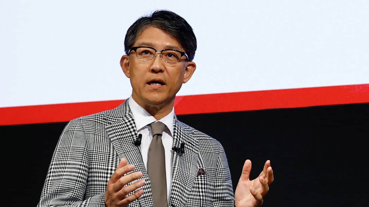 Toyota's CEO Koji Sato speaks at a press conference with Subaru's and Mazda's CEOs, in Tokyo, Japan, 28 May, 2024. File Image/Reuters