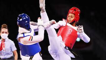 Hedaya Malak Wahba of Egypt in action against Magda Wiet-Henin of France during the women's welterweight last 16 clash at the 2020 Tokyo Olympics. Reuters 