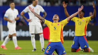 Colombian players celebrates after defeating Uruguay in Copa America semifinal match. AP