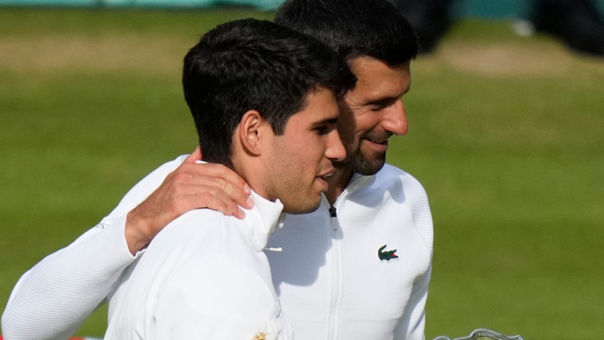 Carlos Alcaraz and Novak Djokovic pose for a photo at the end of the Wimbledon 2024 final on Sunday. AP Carlos Alcaraz and Novak Djokovic pose for a photo at the end of the Wimbledon 2024 final on Sunday. AP