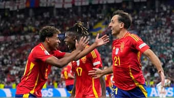 Spain's Mikel Oyarzabal celebrates scoring his side's second goal during the Euro 2024 final against England in Berlin on Sunday. AP 