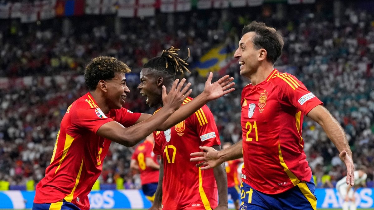 Spain's Mikel Oyarzabal celebrates scoring his side's second goal during the Euro 2024 final against England in Berlin on Sunday. AP Spain's Mikel Oyarzabal celebrates scoring his side's second goal during the Euro 2024 final against England in Berlin on Sunday. AP