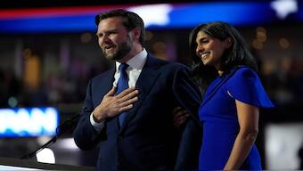 Vice Presidential Nominee Sen. JD Vance and wife Usha Chilukuri Vance acknowledge the crowd during the Republican National Convention Wednesday, July 17, 2024, in Milwaukee. AP