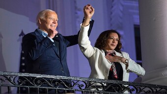 President Joe Biden raises the hand of Vice President Kamala Harris after viewing the Independence Day fireworks display over the National Mall from the balcony of the White House. File Image: AP