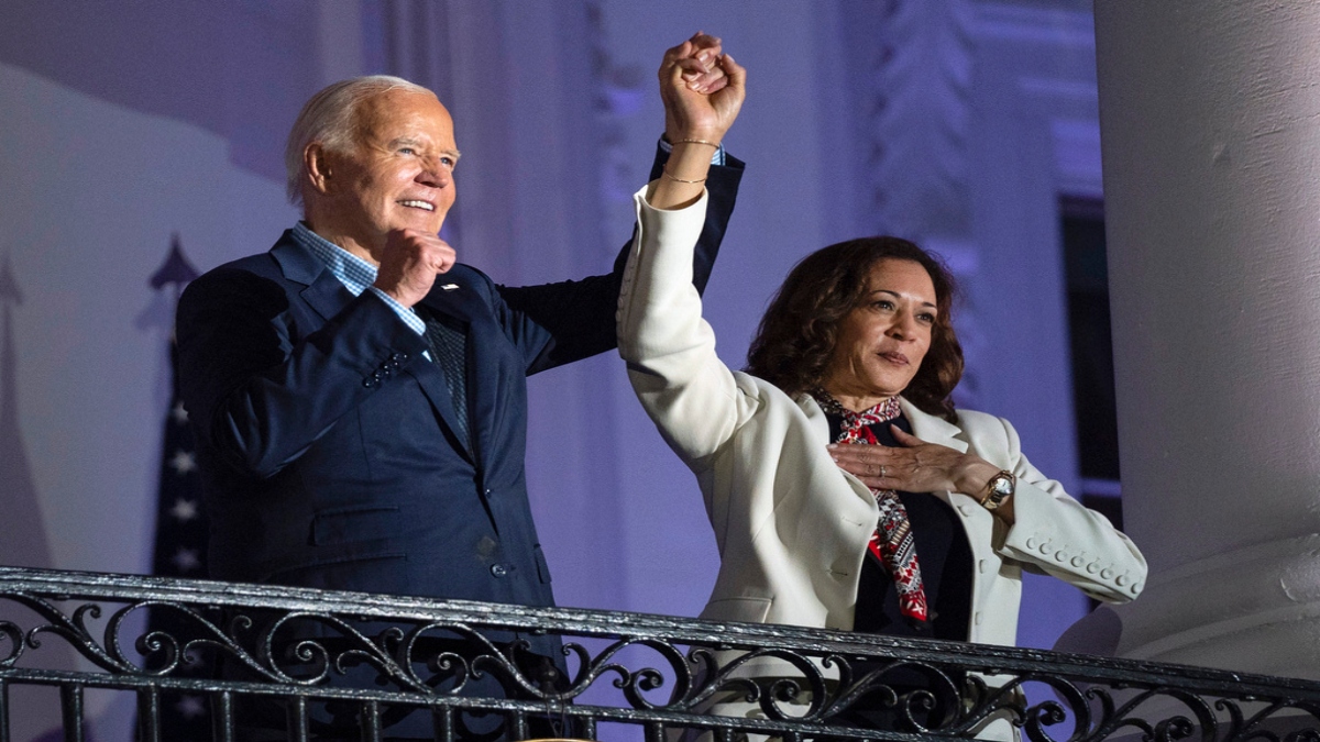President Joe Biden raises the hand of Vice President Kamala Harris after viewing the Independence Day fireworks display over the National Mall from the balcony of the White House. File Image: AP President Joe Biden raises the hand of Vice President Kamala Harris after viewing the Independence Day fireworks display over the National Mall from the balcony of the White House. File Image: AP