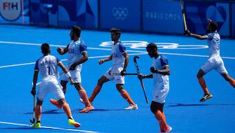 Harmanpreet Singh scored a late goal for India to rescue a point in a 1-1 draw against Argentina at the Paris Olympics on Monday. AP 