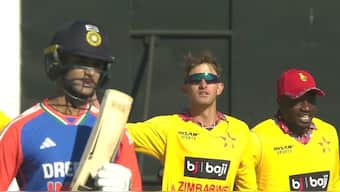 India opener Abhishek Sharma departs after getting dismissed by Zimbabwe all-rounder Brian Bennett during the first T20I in Harare. Image credit: Screengrab/SonyLIV