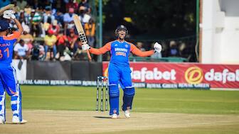 Abhishek Sharma got to his maiden T20I hundred by hitting three consecutive sixes. BCCI image