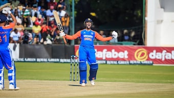 Abhishek Sharma got to his maiden T20I hundred by hitting three consecutive sixes. BCCI image