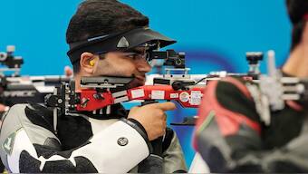 India's Arjun Babuta competes in the 10m air rifle men's final at the 2024 Summer Olympics, Monday, July 29, 2024, in Chateauroux, France. (AP Photo/Manish Swarup)