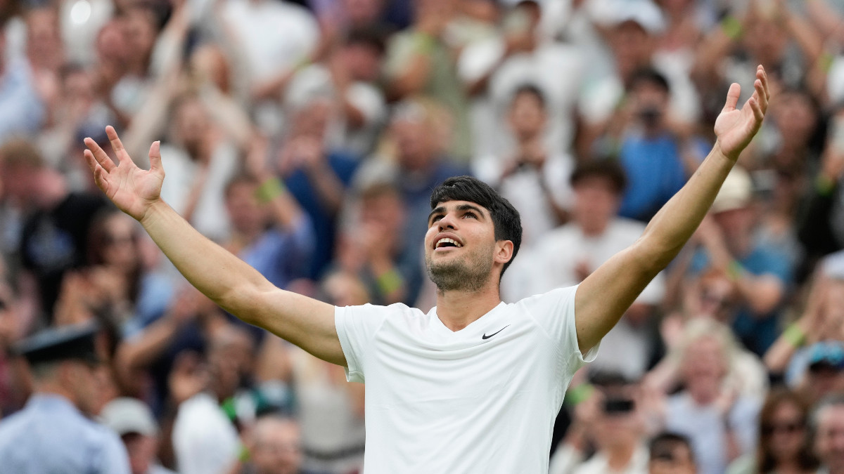 Carlos Alcaraz reacts after defeating Frances Tiafoe in the third round of the Wimbledon men's singles event. AP Carlos Alcaraz reacts after defeating Frances Tiafoe in the third round of the Wimbledon men's singles event. AP