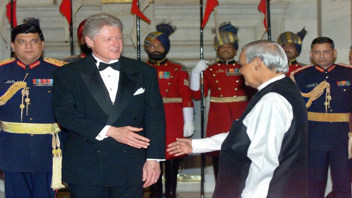 Indian Prime Minister Atal Bihari Vajpayee (R) greets US President Bill Clinton. File image/ AFP Indian Prime Minister Atal Bihari Vajpayee (R) greets US President Bill Clinton. File image/ AFP