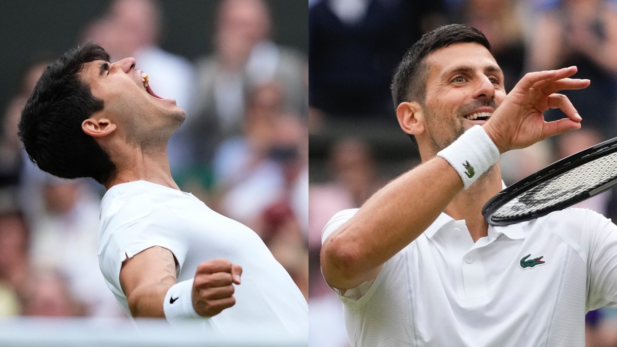 Carlos Alcaraz (L) takes on Novak Djokovic (R) in the Wimbledon final on Sunday. AP Carlos Alcaraz (L) takes on Novak Djokovic (R) in the Wimbledon final on Sunday. AP