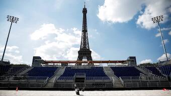 A general view of the Eiffel Tower Stadium venue where beach volleyball events will be held during the Paris 2024 Olympic Games. Reuters