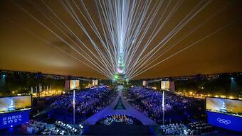 A light show takes place at the iconic Eiffel Tower during the 2024 Paris Olympics Opening Ceremony. AP