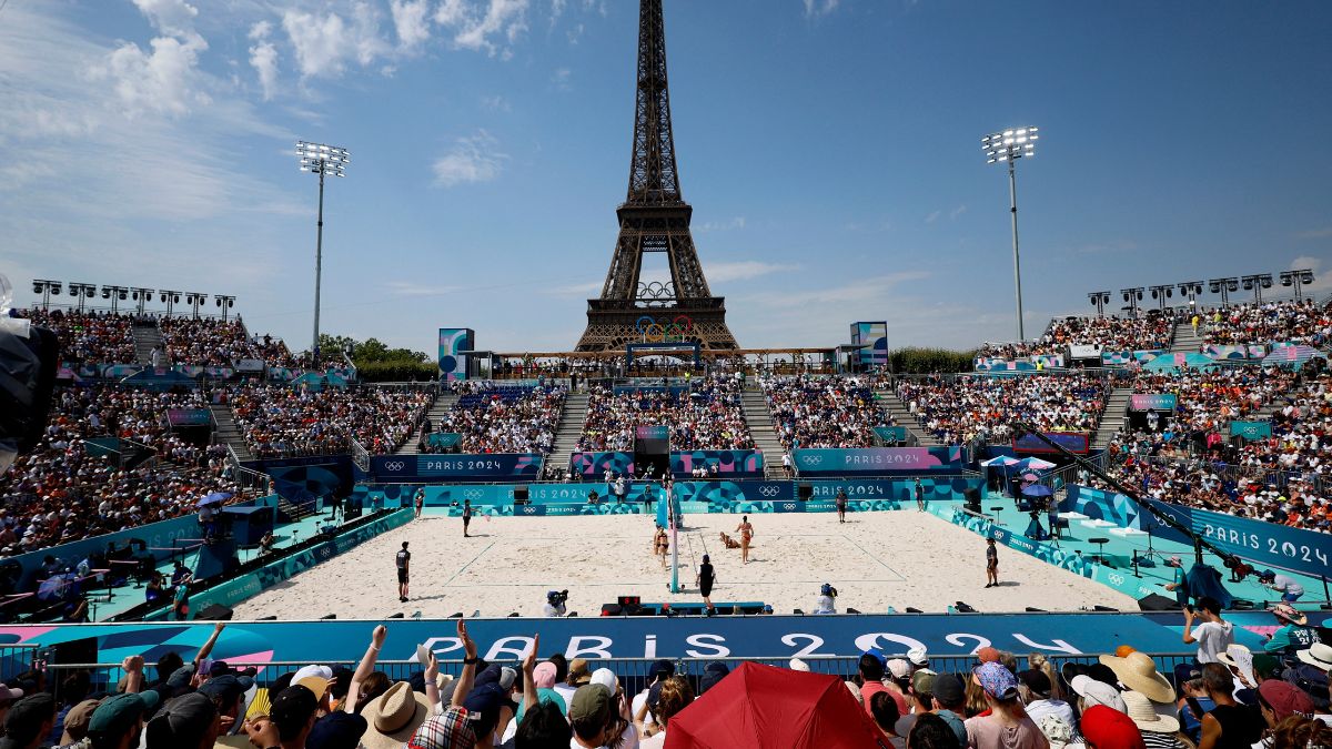 General view of the Eiffel Tower Stadium is showing the Eiffel Tower with the the Olympic rings as spectators in the stands watch a match, Paris, France, July 31, 2024. File Image/Reuters General view of the Eiffel Tower Stadium is showing the Eiffel Tower with the the Olympic rings as spectators in the stands watch a match, Paris, France, July 31, 2024. File Image/Reuters