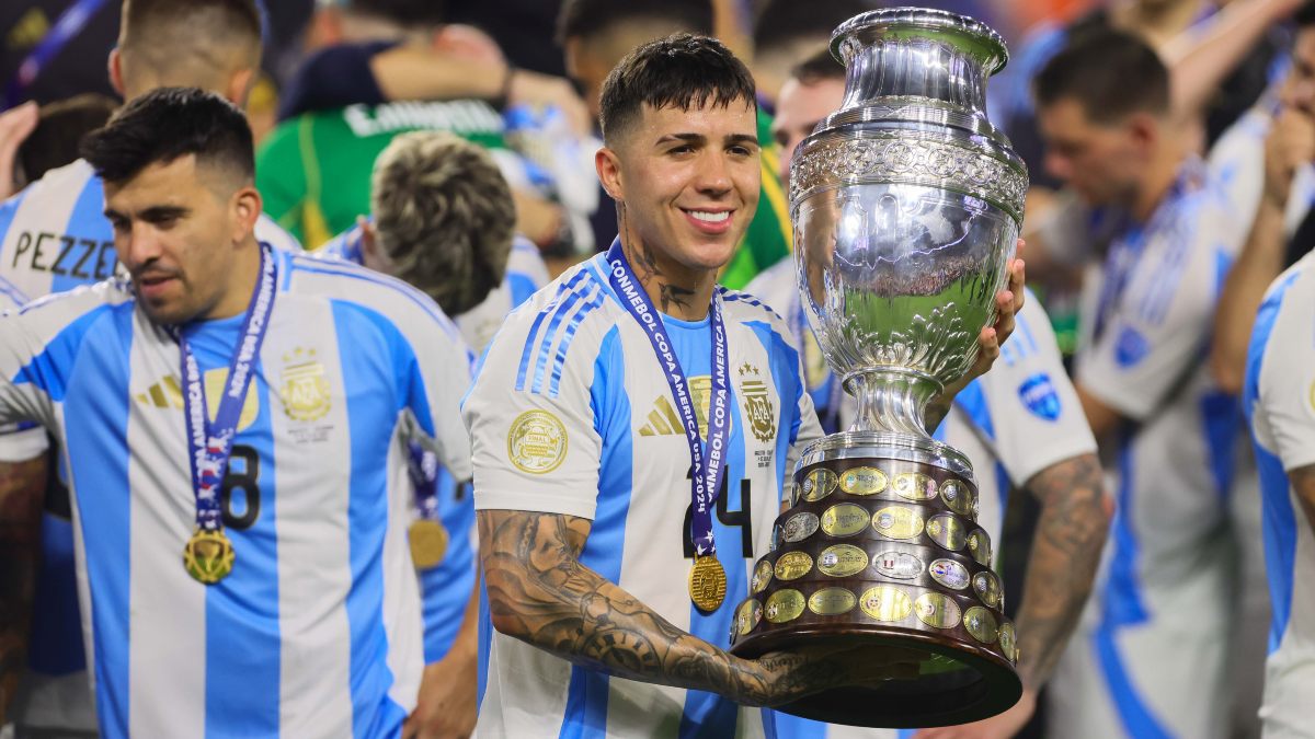 Chelsea and Argentina midfielder Enzo Fernandez poses with the trophy after 'La Albiceleste' defeated Colombia in the final of the 2024 Copa America in Miami. Reuters Chelsea and Argentina midfielder Enzo Fernandez poses with the trophy after 'La Albiceleste' defeated Colombia in the final of the 2024 Copa America in Miami. Reuters