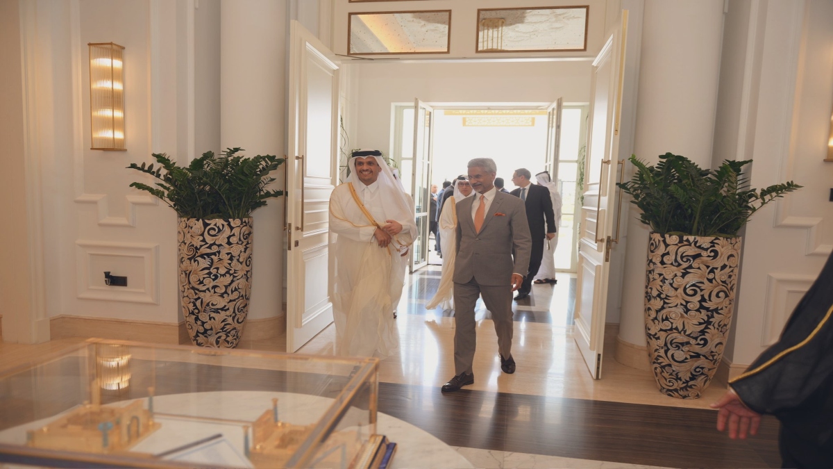 EAM S Jaishankar meets Qatar's PM Mohammed bin Abdulrahman bin Jassim Al Thani in Doha. Source: X/ @DrSJaishankar EAM S Jaishankar meets Qatar's PM Mohammed bin Abdulrahman bin Jassim Al Thani in Doha. Source: X/ @DrSJaishankar
