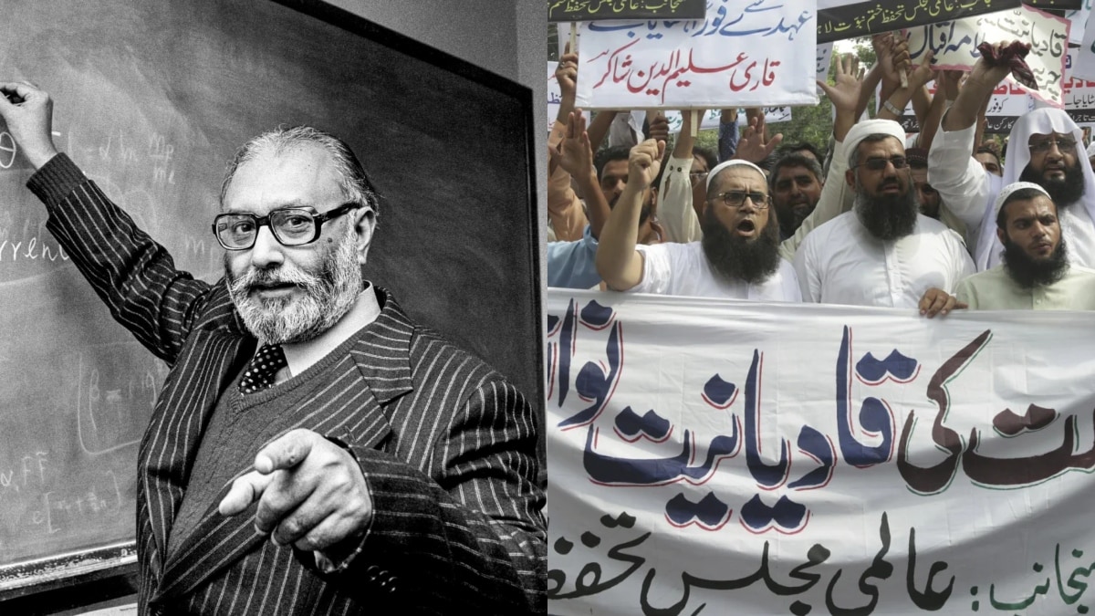 Pakistan's First Nobel Prize Winner Dr. Abdus Salam (Left), Pakistani Islamists protest the appointment of a minority Ahmadi Muslim as an adviser to the government, in Lahore, Pakistan (Right). Source: File Image - Imperial College of London / AP