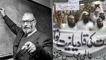 Pakistan's First Nobel Prize Winner Dr. Abdus Salam (Left), Pakistani Islamists protest the appointment of a minority Ahmadi Muslim as an adviser to the government, in Lahore, Pakistan (Right). File Image - Imperial College of London / AP  