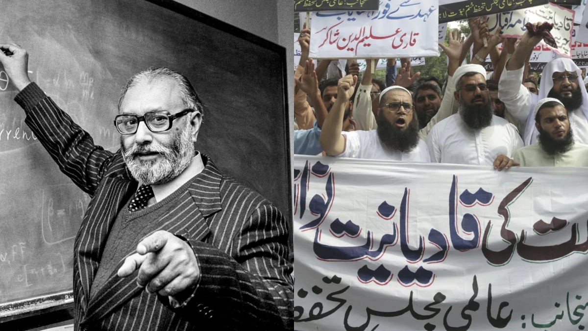 Pakistan's First Nobel Prize Winner Dr. Abdus Salam (Left), Pakistani Islamists protest the appointment of a minority Ahmadi Muslim as an adviser to the government, in Lahore, Pakistan (Right). File Image - Imperial College of London / AP   Pakistan's First Nobel Prize Winner Dr. Abdus Salam (Left), Pakistani Islamists protest the appointment of a minority Ahmadi Muslim as an adviser to the government, in Lahore, Pakistan (Right). File Image - Imperial College of London / AP