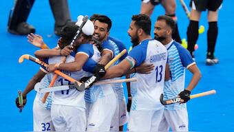India's Vivek Sagar Prasad celebrates with teammates after scoring his team's second goal in their Paris Olympics Pool B clash against New Zealand. AP