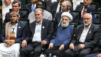 Palestinian Islamic Jihad chief Ziad al-Nakhala and Hamas' top leader Ismail Haniyeh attending Iran's new President Masoud Pezeshkian's swearing-in ceremony at the in Tehran. Reuters