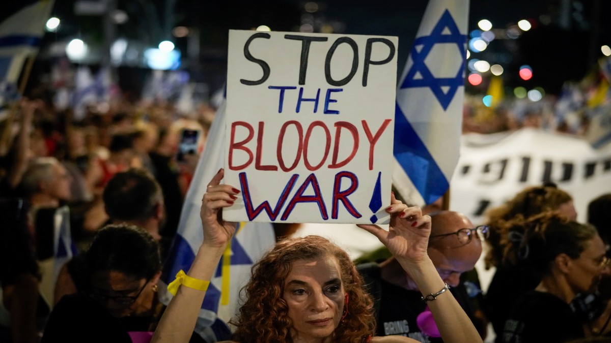 A demonstrator holds a sign during a protest marking nine months since the start of the war and calling for the release of hostages held in the Gaza Strip by the Hamas militant group, in Tel Aviv, Israel. AP A demonstrator holds a sign during a protest marking nine months since the start of the war and calling for the release of hostages held in the Gaza Strip by the Hamas militant group, in Tel Aviv, Israel. AP