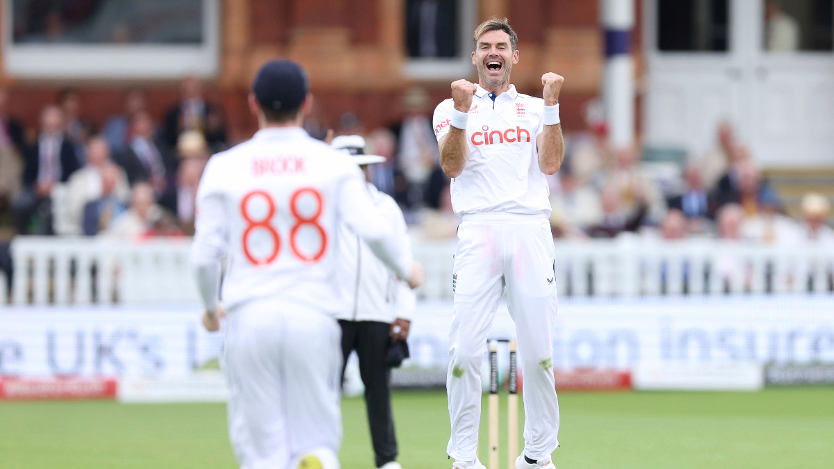 England pacer James Anderson celebrates after dismissing West Indies batter Alick Athanaze during the first Test in Lord's. AP England pacer James Anderson celebrates after dismissing West Indies batter Alick Athanaze during the first Test in Lord's. AP