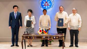 Japan Defence Minister Minoru Kihara, Japan Foreign Minister Yoko Kamikawa, Philippine President Ferdinand Marcos Jr., Philippine Defence Minister Gilberto Teodoro, and Philippine Foreign Minister Enrique Manalo pose for a photo following signing of the reciprocal access agreement, at the Malacanang Palace in Manila, Philippines, July 8, 2024. Reuters