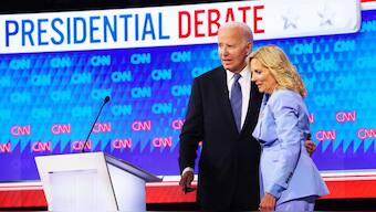 US President Joe Biden embraces First Lady Jill Biden after the conclusion of the presidential debate. Image: REUTERS