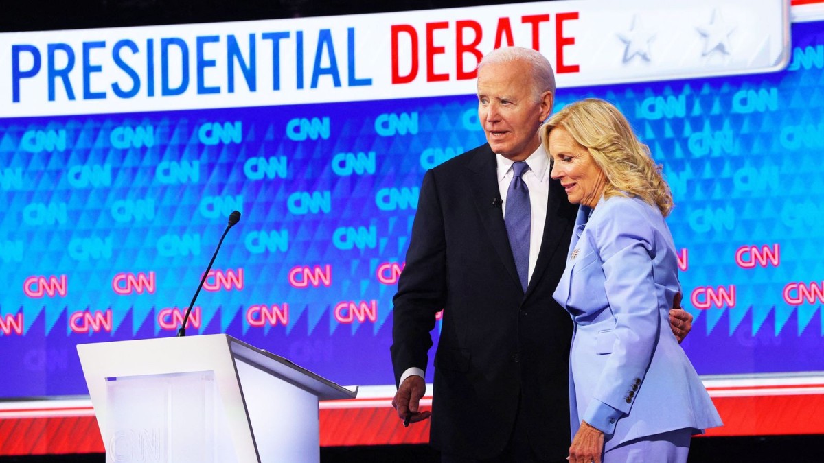US President Joe Biden embraces First Lady Jill Biden after the conclusion of the presidential debate. Image: REUTERS US President Joe Biden embraces First Lady Jill Biden after the conclusion of the presidential debate. Image: REUTERS