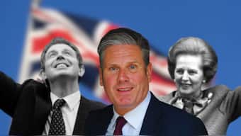 Keir Starmer's (Centre) is expected to score a majority that dwarfs those won by Tony Blair (Left) and Margaret Thatcher (Right) in past elections. Agencies