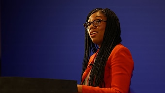 New Tory leader Kemi Badenoch speaks during her press conference at the Manufacturing Technology Centre in Coventry, Britain, March 18, 2024. File Image/Reuters