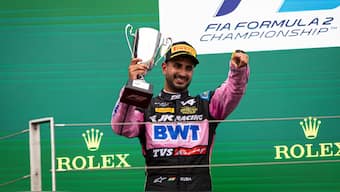 Kush Maini on the podium after winning the sprint race in Hungary in Formula 2. Image: Dutch Photo Agency
