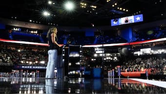Republican National Committee co-chair Lara Trump speaks during the 2024 Republican National Convention at the Fiserv Forum, Tuesday, July 16, 2024, in Milwaukee. AP