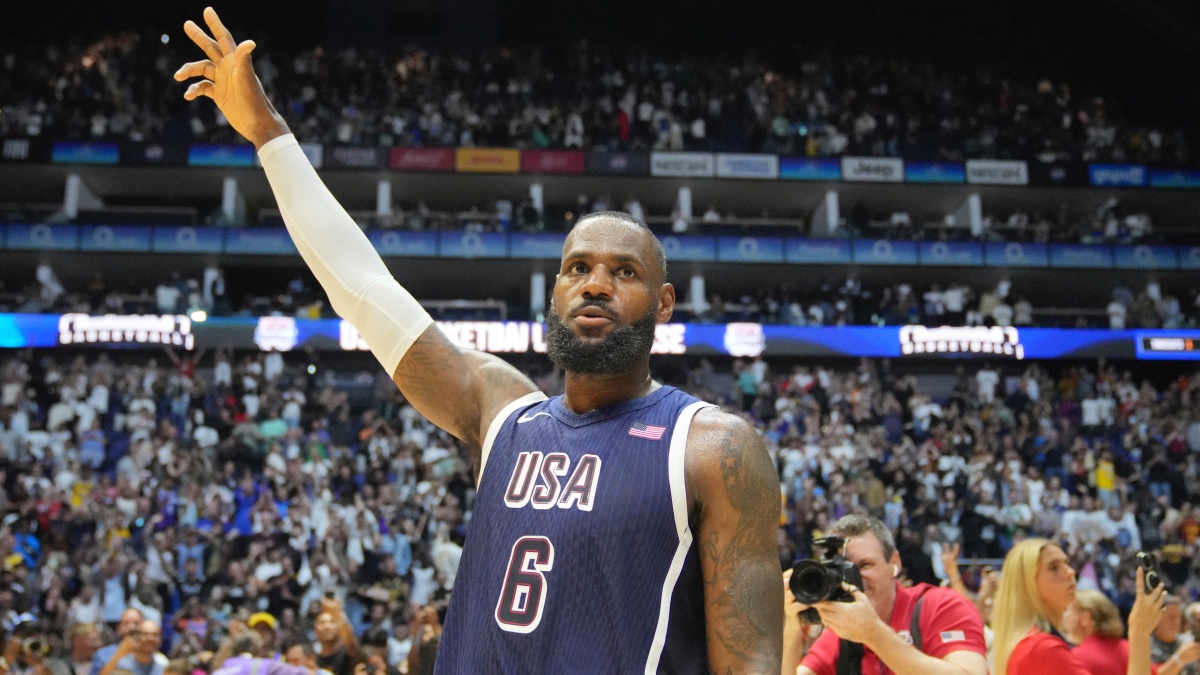 LeBron James waves to the crowd after the end of an exhibition basketball game between the United States and South Sudan at the o2 Arena in London. AP LeBron James waves to the crowd after the end of an exhibition basketball game between the United States and South Sudan at the o2 Arena in London. AP