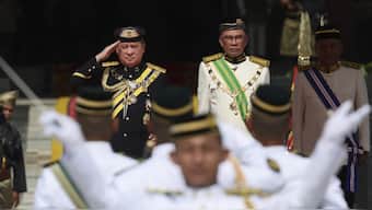 Sultan Ibrahim Iskandar salutes the guard of honour besides Malaysia's Prime Minister Anwar  Ibrahim at National Palace in Kuala Lumpur. File photo/AP
